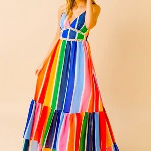 A. Calin Women Multicolor Rainbow Boho Maxi Dress Size M